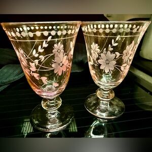 2 William Sonoma floral etched Pink Glasses. 9.25oz.  Made in Turkey 5.5”H